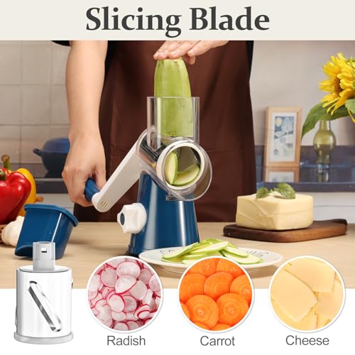 Cambom Rotary Cheese Grater Hand Crank Cheese Shredder for Fresh Cheese, Vegetable, Nuts,Non-slip Suction Base, Five Blades, Dark Blue - color: Dark Blue, size: 5 BLADES