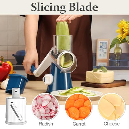 Cambom Rotary Cheese Grater Hand Crank Cheese Shredder for Fresh Cheese, Vegetable, Nuts,Non-slip Suction Base, Five Blades, Dark Blue - color: Dark Blue, size: 5 BLADES