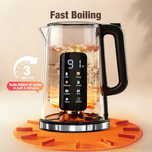 KEINVE 1.7L Electric Kettle, Touch Screen Water Boiler, No Plastic Interior, Double Wall, 6 Preset Temperatures, Fast Boil, and STRIX Control