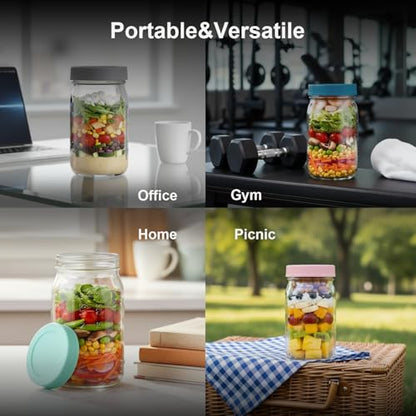ComSaf 32oz Glass Salad Jars for Meal Prep 4-Pack, Round Mason Salad Jars with Dressing Cup & Leakproof Lid, Anti-Soggy Salad Shaker for Office & Fitness, Precision Portion Control, Wellness
