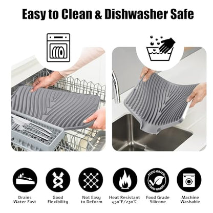TIKNIK Silicone Dish Drying Mat for Kitchen Counter - Heat Resistant & Non-Slip Dish Drain Pad with Built-In Drain, Dishwasher Safe, Quick-Dry, Hangable & Roll-Up for Storage, Grey-1pcs, 20" x 15" - size: 20" x 15"