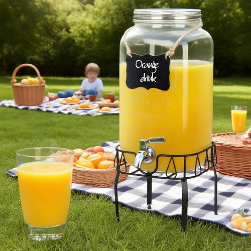 Glass Drink Dispensers for Parties, Beverage Dispenser with Stand, Ice Cylinder and Stainless Steel Spigot 100% Leakproof, Beverage Dispenser for Lemonade Sun Tea (2 Gallon Single with Stand) - size: 2 Gallon Single with Stand