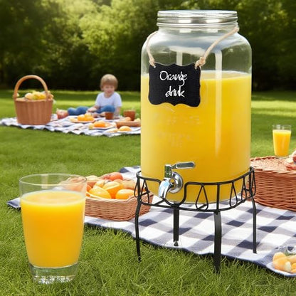 Glass Drink Dispensers for Parties, Beverage Dispenser with Stand, Ice Cylinder and Stainless Steel Spigot 100% Leakproof, Beverage Dispenser for Lemonade Sun Tea (2 Gallon Single with Stand) - size: 2 Gallon Single with Stand