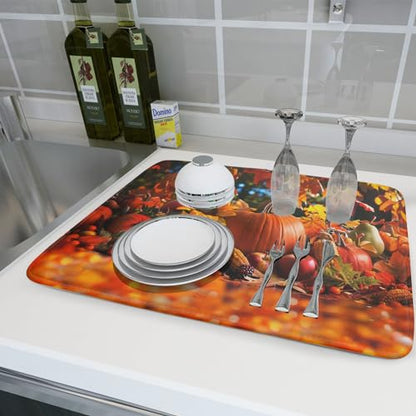 Fall Harvest Pumpkin Dish Drying Mat for Kitchen Counter,Thanksgiving Maple Leaves Sunflower Drying Mat 18 x 24 Inch with Absorbent Reversible Microfiber Dish Drying Pad for Coffee Bar - size: 18" x 24"