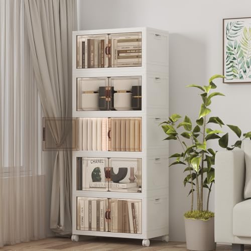 UAMFURI Stackable Storage Bins with Lids, 260QT Closet Organizers and Storage Cabinet with Doors & Wheels, Lockable Plastic Foldable Drawers for Bedroom Dorm Office Garage（52QT*5,White） - color: White, size: 19.7"L