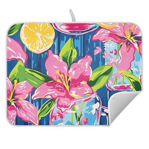 Lily Pulitzer Mason Jars Dish Drying Mats for Kitchen Counter, 18x24 inch Drying Dishes Absorbent Microfiber Dish Drainer Mat Rack Pad Fast Dry - size: 18x24in