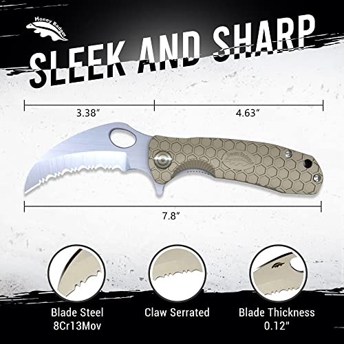 Honey Badger Pocket Knife, EDC Claw Hawkbill Folding Utility Knife, EDC Knife with Stainless Steel Blade, Claw Pocket Knives, Reversible Pocket Clip - 3.4" (Claw Serrated Large Tan) - color: Large Claw Serrated Tan