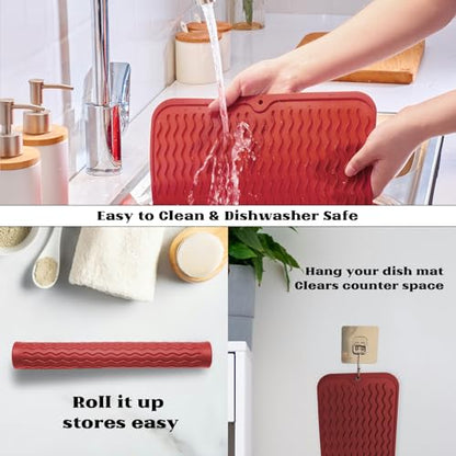 ZLR Silicone Dish Drying Mat for Kitchen Counter (12" x 16" / 307 x 405mm) - Large Fast-Dry Drainer Mat with Raised Wavy Ridges & 5mm Lip - Non-Slip, Heat Resistant 450°F, BPA-Free (Lava Red) - color: Lava Red, size: 16" x 12"