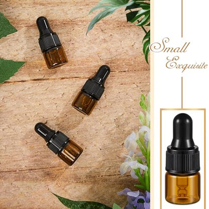 Didaey 200 Pcs 1/2/3/5/10/15 ml Mini Glass Oil Dropper Bottle Bulk, Clear Essential Small Empty Bottles Sample Containers Perfume Liquid Vials with Cap for Traveling (1 ml,Amber) - color: Amber, size: 1 ml