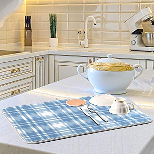 Microfiber Dish Drying Mat, Buffalo Check Plaid Absorbent Dish Drying Rack Pads Kitchen Counter Mat 16Inch X 18Inch Blue White Tartan Pattern Checkered Heat Resistant Sink Mat Dish Draining Mat - color: Plaid, size: 16x18in
