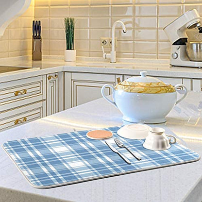 Microfiber Dish Drying Mat, Buffalo Check Plaid Absorbent Dish Drying Rack Pads Kitchen Counter Mat 16Inch X 18Inch Blue White Tartan Pattern Checkered Heat Resistant Sink Mat Dish Draining Mat - color: Plaid, size: 16x18in