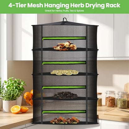MEKOLIFE 4-Tier Herb Drying Rack Hanging Mesh | 23.62" mesh dryer with zipper, hooks and pruning shears, for indoor and outdoor herbs, seafood, flowers and plants - size: 4 Layers