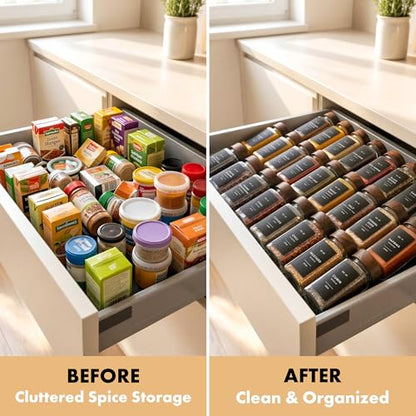 EDELHAUS Glass Spice Jars with Label, 24x Acacia Wooden Lids - Black Labels | Airtight acacia lids keep spices fresh; use as a spice organizer, seasoning containers or 4 oz jar set; funnel & 240 labels - color: Acacia Lid + Black Labels