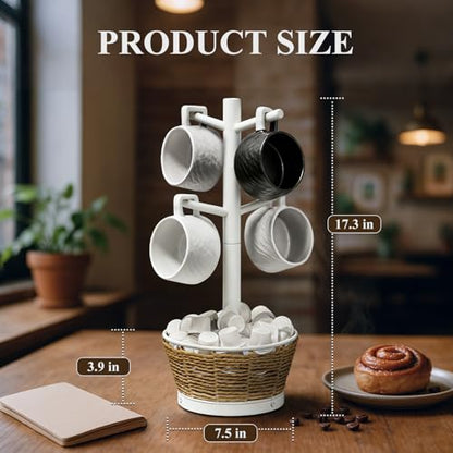 Wood Mug Holder Tree with Woven Basket, 4 Hooks Coffee Mug Holder, Countertop Mug Tree for Kitchen Counter Cabinet Coffee Bar Accessories Cup Display Organizer Hanger(White) - color: White