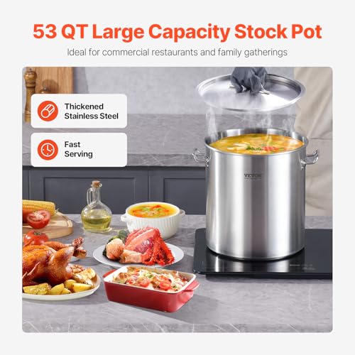 VEVOR Stainless Steel Stockpot, 53 Quart Large Cooking Pots, Cookware Sauce Pot with Lid, and Handle, Heavy Duty Commercial Grade Stock Pot, Sanding Treatment, for Large Groups Events Silver - size: 53 Quarts