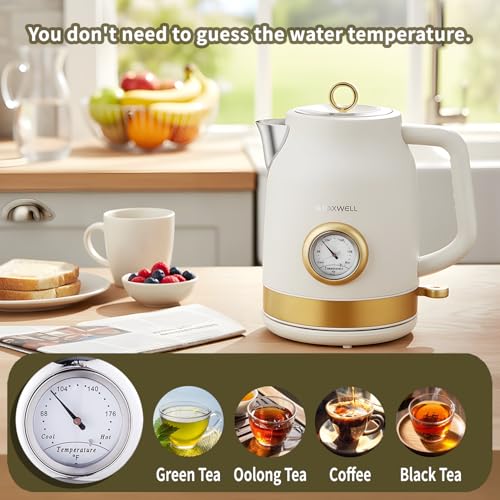 Retro Electric Kettle, 1.7L 304 Stainless Steel Tea Kettle with Temperature Gauge, 1500W Fast Boiling Water Boiler,Auto Shut-Off & Boil-Dry Protection, BPA-Free, Matte White and Gold - color: White and Gold