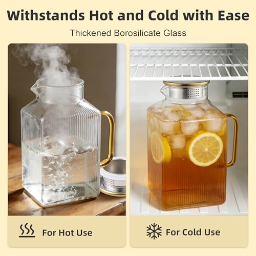 Kochorie 1 Pack 1 Gallon/128 oz Square Glass Pitcher with Lid & Cleaning Brush, Thickened Borosilicate Glass Carafe for Hot/Cold Drink, Extra Large Jug with Handle for Iced Tea, Juice, Lemonade