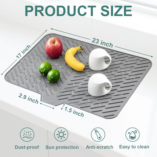 Silicone Dish Drying Mat 23x17,Food-Grade Silicone,Easy Clean Pad for Countertop Protection,Heat Resistant,Easy Clean,Non-Slip Drain Pad with Built-in Drain,Multi-Functional Use,Gray - color: Gray, size: 23" x 17"