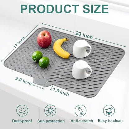 Silicone Dish Drying Mat 23x17,Food-Grade Silicone,Easy Clean Pad for Countertop Protection,Heat Resistant,Easy Clean,Non-Slip Drain Pad with Built-in Drain,Multi-Functional Use,Gray - color: Gray, size: 23" x 17"
