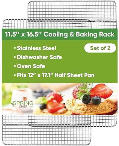 Spring Chef 11.5 x 16.5 Inch Stainless Steel Cooling Racks for Cooling & Baking - Oven Safe - Wire Roasting Racks for Oven Use - Fits Half Sheet Cookie Pan - Dishwasher Safe - Set of 2 - size: 11.5"x16.5", style: 2 Pack