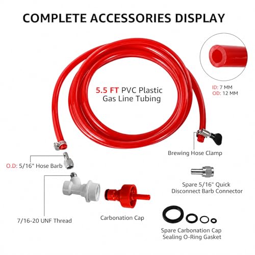 5.5 Feet Ball Lock Disconnect Gas Tubing Plastic Carbonation Cap Kit for Soda Beer PET Bottle CO2 Regulator Keg Tap with Stainless O.D 5/16'' Barb Brewing Hose Clamp Homebrew Sealing Gasket - size: Plastic Carbonation Cap Kit