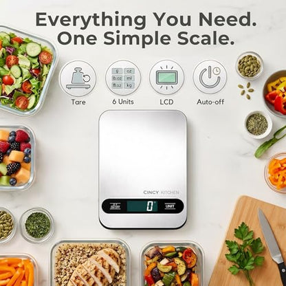 CINCY Digital Food Scale for Kitchen – Stainless Steel Kitchen Scale with Tare Function, Large LCD – Meal Prep, Baking & Cooking Scale - 6 Units (g/oz/lb/ml/kg) -10kg/22lb Capacity, 1g Precision
