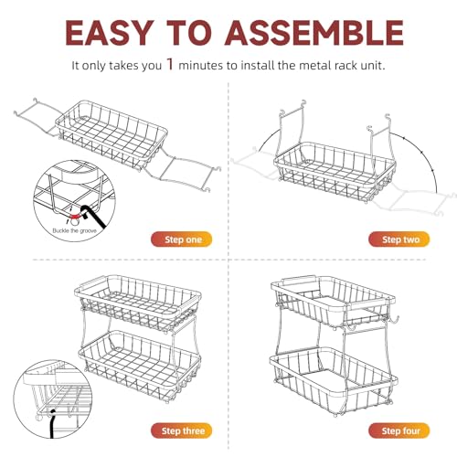 Sevenblue 3-Tier Fruit Basket with Banana Hangers, Detachable Metal Bowl | Wooden handle, protective mats included. Versatile holder for bread, snacks, and veggies. Large 3 tier metal design. - color: Black, size: 3 Tier
