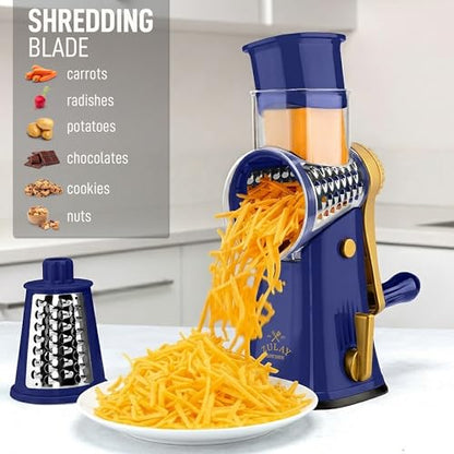Zulay Kitchen Rotary Cheese Grater 5 Blade Cheese Shredder - Manual Hand Crank Cheese Grater With Reinforced Suction & 5 Interchangeable Drums - Easy to Use, Vegetable Chopper Round Mandoline Slicer - color: Blue and Gold
