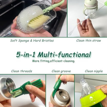 5 in 1 Bottle Cleaning Brush Set, Multifunctional Cleaning Brushes, 5 in 1 Bottle Brush, Cup Lid Clean Brushes, Straw Cleaner, Detail for Baby Bottle Nipple, 2 Pack Set - color: Green