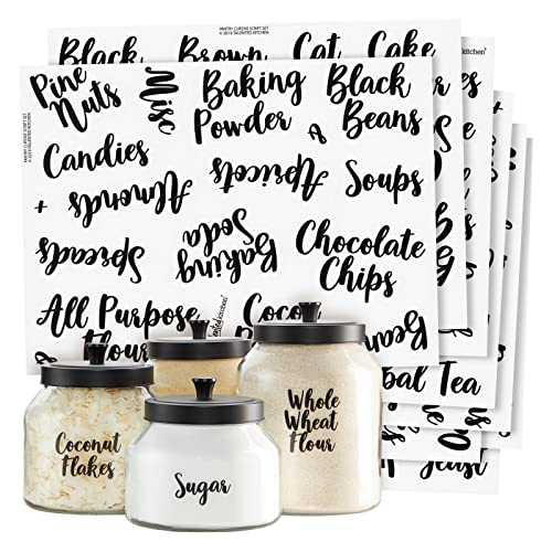 Talented Kitchen Labels for Food Containers - 135 Count, Preprinted Black Cursive on Clear Backing, Water-Resistant - Pantry & Kitchen Storage Labels for Jars & Bins - Easy Peel & Stick
