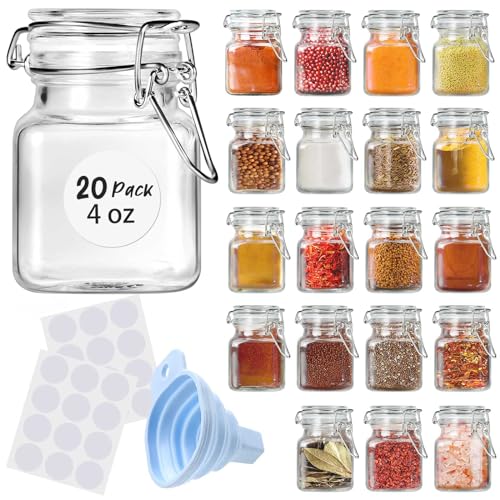 SKOCHE Spice Jars 20 Pack Small 4 oz Glass Jars with Airtight Hinged Lids, Spice Herb Jars with Labels and Silicone Funnels, 4oz Glass Jars with Lids Ideal for Spice Herbs - size: Small