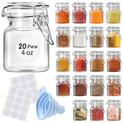 SKOCHE Spice Jars 20 Pack Small 4 oz Glass Jars with Airtight Hinged Lids, Spice Herb Jars with Labels and Silicone Funnels, 4oz Glass Jars with Lids Ideal for Spice Herbs - size: Small