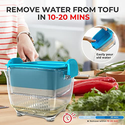 Large 20 oz Tofu Press, Easily Remove Water from Tofu in 10-20 Mins, Vegan Tofu Presser for Firm or Extra Firm Tofu, Dishwasher Safe & BPA Free, with Drip Tray, Tofu Recipe Included - size: Fit for 12-20oz Tofu