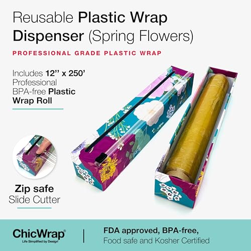 Chicwrap Spring Flowers Refillable Plastic Wrap Dispenser - One 12" x 250' Roll of Professional Grade Plastic Wrap - BPA Free and Kosher Certified - Reusable Dispenser w/Slide Cutter - style: Spring Flowers