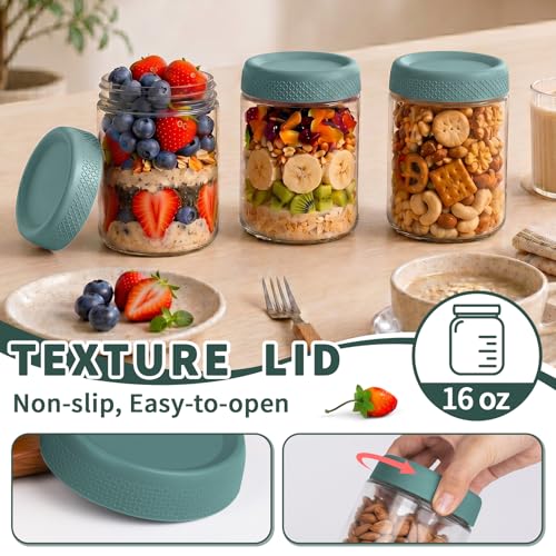 Overnight Oats Containers with Lids, Glass Storage Containers with Lids, Wide Mouth Mason Jars 16oz, Sugar Bowls, Airtight Glass jars for Chia Pudding, Yogurt, Salad Storage (6 Pack, Green) - color: Green