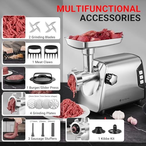 AAOBOSI #12 Meat Grinder, [3000W] 3 Speed Meat Grinder Heavy Duty: Built-in Storage Box, 2 Blades,4 Plates,3 Sausage Stuffers,Kibbe Kit,Meat Claw & Burger Press, for Home & Kitchen Use - color: Metal Sliver