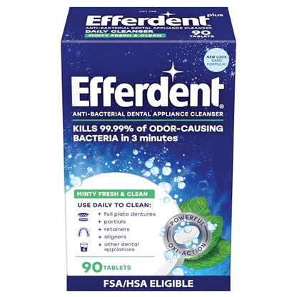 Efferdent Denture Cleaner Tablets – Dental Appliances, Aligners, Mouth Guard, and Retainer Cleaner Tablets, Minty Fresh & Clean, 90 Count - size: 90 Count (Pack of 1)