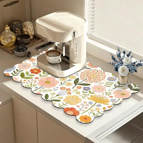 Scalloped Coffee Bar Mat for Countertop, Colorful Flowers for Spring Fall, Cute Dish Drying Mats for Kitchen Counter, Diatomite Absorbent, Kitchen Aesthetic Decor (16"x24", Colorful Flowers) - color: Z-Colorful Flowers, size: 24" x 16"