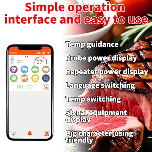 500ft Smart Bluetooth Meat Thermometer with IP66 Waterproof, Food Thermometer for BBQ, Wireless Meat Thermometer for Kitchen, Smoker,Grilling, Oven, Rotisserie Gift(iOS & Android)