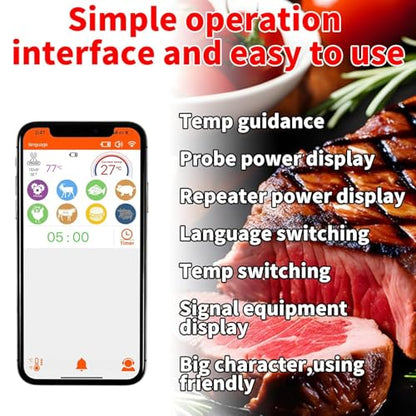 500ft Smart Bluetooth Meat Thermometer with IP66 Waterproof, Food Thermometer for BBQ, Wireless Meat Thermometer for Kitchen, Smoker,Grilling, Oven, Rotisserie Gift(iOS & Android)