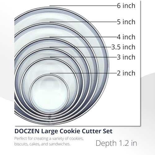 Doczen Large Round Cookie Cutter 6 PCS (2, 3, 3.5, 4, 5, 6 Inch) Set, 6-Piece Stainless Steel Biscuit Cutters, Heavy Duty Metal Ring Mold for Burger Press & Meat Shaping, Tortilla Crust