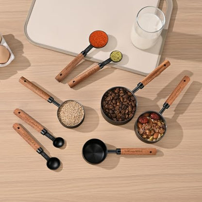 Wooden Handle Measuring Cups & Spoons Set 8-Piece – Stainless Steel, Stackable, Rustic Farmhouse Kitchen Gadgets, Non-Toxic, Dishwasher Safe, Gift for Bakers & New Homeowners - size: Black-wood handle