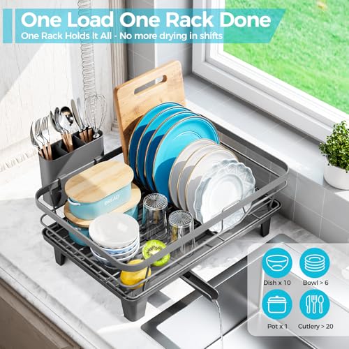 Urackify Dish Drying Rack for Kitchen Counter, Sink Dish Rack with Drainboard 12.2" W x 16.5" L, Large Dish Drainer with Cutlery Holder, Home Countertop Plate Dryer Storage Rack, Gray - color: Gray
