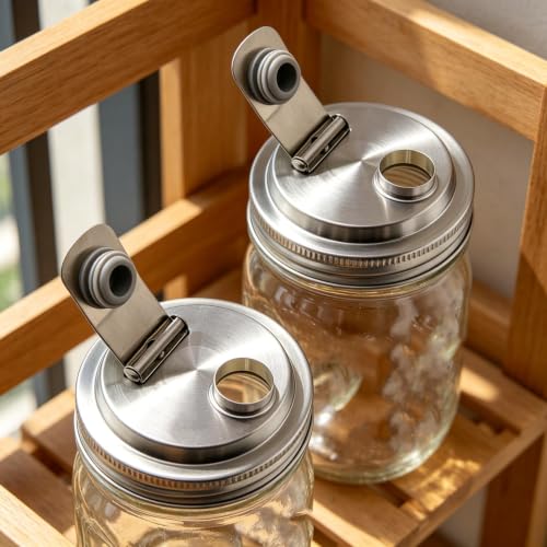 2026 New 2 Pack Stainless Steel Mason Jar Pour Spout Lids Wide Mouth Flip Top Lid 304 Food Grade Metal Sealing Cover for Coffee Juice Fermentation