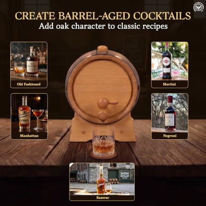 2 Liter Oak Aging Barrel with Wood Stand, Bung & Spigot - Mini Whiskey Barrels for The Home Alcohol Distiller, Moonshiner & Winemaker - Age Cocktails, Bourbon, Whisky, Tequila, Rum, Mead Wine (2L) - size: 2 Liter