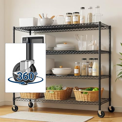 4 Tier Heavy Duty Wire Garage Shelving with Wheels, 2200 LBS Capacity, 24"D x 56"W x 75"H, Adjustable Metal Storage Rack, Industrial Shelves for Warehouse, Kitchen, Garage, Pantry and Utility Room