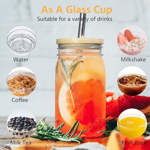 16oz Glass Mason Cup with Bamboo Lids, 2Pack Wide Mouth Mason Jars | Boba Cups with Lids and Straw, for Iced Coffee Juice Milkshake Tea - size: 2Pack 16oz
