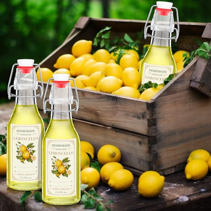 Havawish 12 Sets Limoncello Swing Top Glass Bottles for Homemade 8 oz Flip Clear Top Lemoncello Bottles with Labels Stoppers for Home Brewing Gifts Wedding Lemon Italian Summer Party Favors(Round) - style: Round