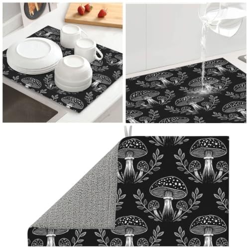 Mushrooms Leaves Plants Dish Drying Mats for Kitchen Counter, Super Absorbent Microfiber Drainer Pad, Washable Reversible Appliance Protector, Everyday Kitchen Must-Have, 16x18 Inch - color: Mushrooms Leaves Plants