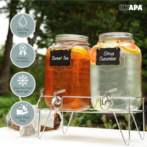 Ilyapa 2 Gallon Drink Dispenser, 2 Pack with Metal Base, Stainless Steel Spigot - Drink Dispensers for Parties, Beverages Such As Lemonade, Tea, Water - size: 2 Gallon Double Dispenser with Stand